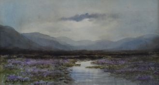 William Percy French (1854-1920) watercolour landscape, possibly Irish, with peat workings amongst