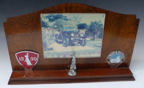 Alvis hare car mascot on display base with 12/50 and Stroud and District Motor Club badges, height