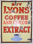 Vintage enamel advertising sign 'Buy Lyon's Coffee and Chicory Extract' with coffee cup and saucer