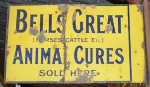Vintage enamel double sided advertising sign 'Bell's Great Animal Cures', 30.5 x 51cm