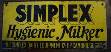 Vintage enamel advertising sign 'Simplex Hygenic Milker', 15 x 33cm PLEASE NOTE this lot is