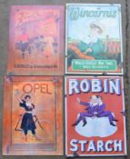 Four metal advertising signs to include Robin Starch and Opel, each approximately 60.5 x 45.5cm