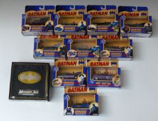 Eleven Corgi Batman 1:43 scale diecast model vehicles including 77301 1960's Batmobile, 77304 1950's