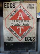 Vintage metal advertising sign 'Adkins & Thomas Ltd, Broom Mills, Bidford on Avon, farm fresh eggs',