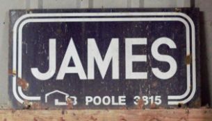 Vintage enamel advertising sign 'James, Poole', 30.5 x 57cm PLEASE NOTE this lot is located at and