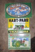 Three enamel advertising signs comprising Hart-Parr and two Waterloo Boy, largest 26 x 44.5cm PLEASE