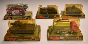 Five Dinky Toys diecast model vehicles comprising Merryweather Marquis Fire Tender 285, Johnston