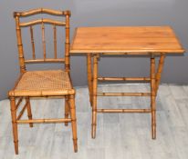 19thC satinwood folding campaign table and matching bergère chair with faux bamboo decoration, W74 x