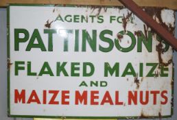 Vintage enamel advertising sign 'Pattinsons flaked maize and maize meal nuts', 61 x 92cm PLEASE NOTE