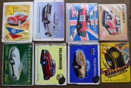 Eight motoring interest metal advertising signs to include Mini, Jaguar, Volkswagen etc, each