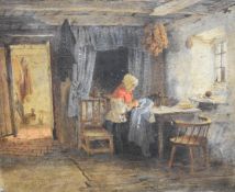 19thC oil on canvas of an old woman sewing in a parlour, 30 x 24cm, in gilt frame