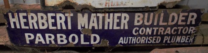 Vintage enamel advertising sign 'Herbert Mather Builder, Parbold' 26.5 x 110cm PLEASE NOTE this