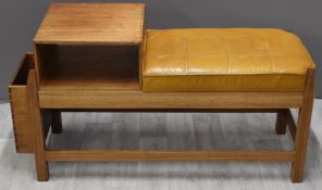 Retro telephone seat with leather seat and magazine rack to end, W115 x D40 x H60cm