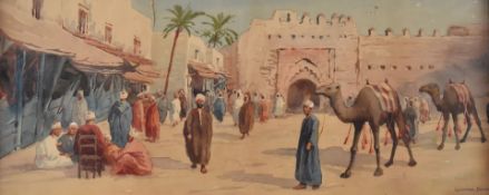 Giovanni Barbaro (1864-1915) watercolour Arab street scene with camels and people in a busy