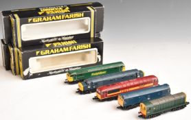 Six Graham Farish N gauge model railway diesel locomotives including Freightliner, EW&S, Class 40