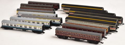 Seventeen Graham Farish, Lima or similar N gauge model railway passenger coaches including