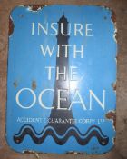 Vintage enamel advertising sign 'Insure with the Ocean' with lighthouse background, 45 x 33cm PLEASE