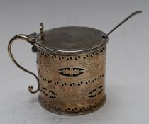 Hester Bateman Georgian hallmarked silver pierced mustard with hinged lid and blue glass liner,