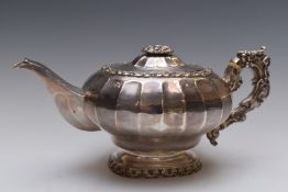 William IV hallmarked silver teapot of lobed form with acanthus leaf handle, London 1830, maker