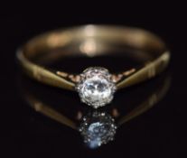 An 18ct gold ring set with a round cut diamond of approximately 0.2ct, 2.1g, size O/P