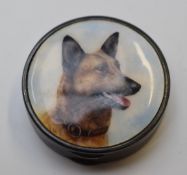 George V hallmarked novelty silver guilloché enamel compact with German Shepherd / Alsatian dog