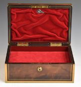 19thC brass bound rosewood jewellery box with campaign style handles, Bramah lock, drop down
