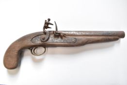 Unnamed 10 bore flintlock hammer action pistol with lock stamped 'Tower' and with crown cypher,