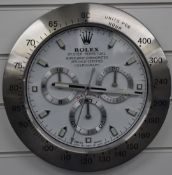 Rolex Oyster Perpetual Daytona shop display or advertising wall clock with white dial, tachymetre