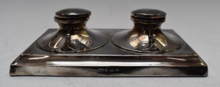 George V Art Nouveau hallmarked silver double capstan inkwell, Birmingham 1912, maker William