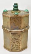 Victorian octagonal brass table top vesta or trinket pot with engraved floral decoration,
