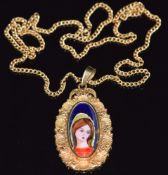 An 18ct gold pendant set with an enamel portrait icon (13g) on a 9ct gold chain (8.3g)