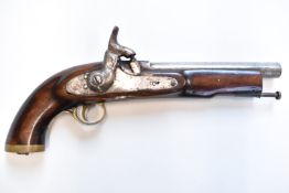 Coastguard or Sea Service percussion hammer action pistol with indistinct stamp to the lock, brass