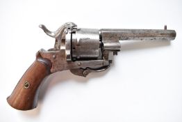 Belgian six-shot pin-fire double action revolver with folding trigger, shaped wooden grips and 3.