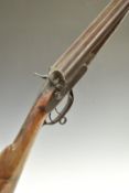 John H Crane 12 bore side by side hammer action shotgun with named locks, fine scrolling engraving