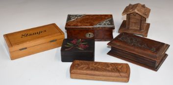 Six treen stamp boxes, one with Edward VII hallmarked silver mounts, one marked Luzern and another