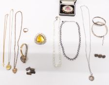 A 9ct gold locket, silver including bangle, necklace and cufflinks, 9ct gold watch, etc