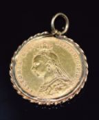 Victoria 1892 gold full sovereign with Melbourne mint mark, in 9ct gold pendant mount, 8.9g