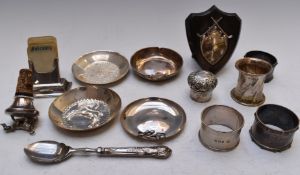A collection of hallmarked silver and white metal items to include four dishes marked 830, four