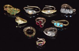 Ten pendant clips set with diamonds, rubies, pearl, garnets, enamel, turquoise, etc