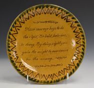 Slipware decorated plate, possibly American folk art, c1880-1920