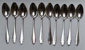 Set of ten German white metal dessert spoons, with German 800 grade silver marks, maker Köberlin