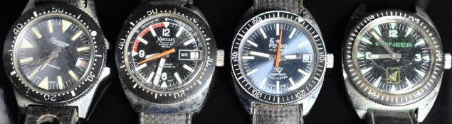 Four gentleman's diver style wristwatches comprising Lucerne, Pioneer, Hercules and Fergio,