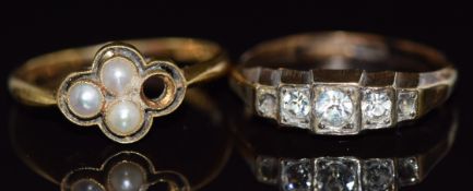 An 18ct gold ring set with pearls (2.5g, size N/O) and a yellow metal ring, 1.7g, size P