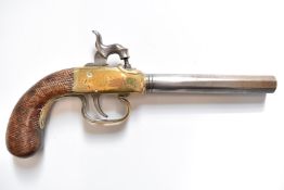 Unnamed percussion hammer action pistol with engraved brass frame, brass trigger guard, chequered