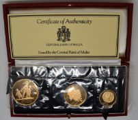 Central Bank of Malta cased three gold coin set, 55g