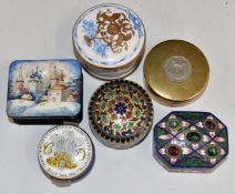 Six trinket boxes to include silver and enamel, Russian lacquer and commemorative, width of