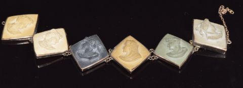 A c1900 bracelet set with diamond shaped lava cameos