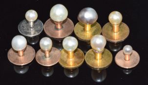 Nine yellow metal/ 9ct gold studs, each set with a pearl, 9.5g