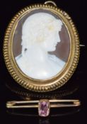Victorian brooch set with a cameo, 4.2 x 3.7cm, and a Victorian brooch set with a foiled amethyst,
