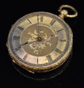 C Lannier 18ct gold open faced pocket watch with gold hands, black Roman numerals, engraved gold